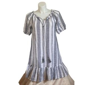 Mlle Gabrielle Striped Ruffle Dress Tassel Tie Neck Boho Chic Womens M Medium